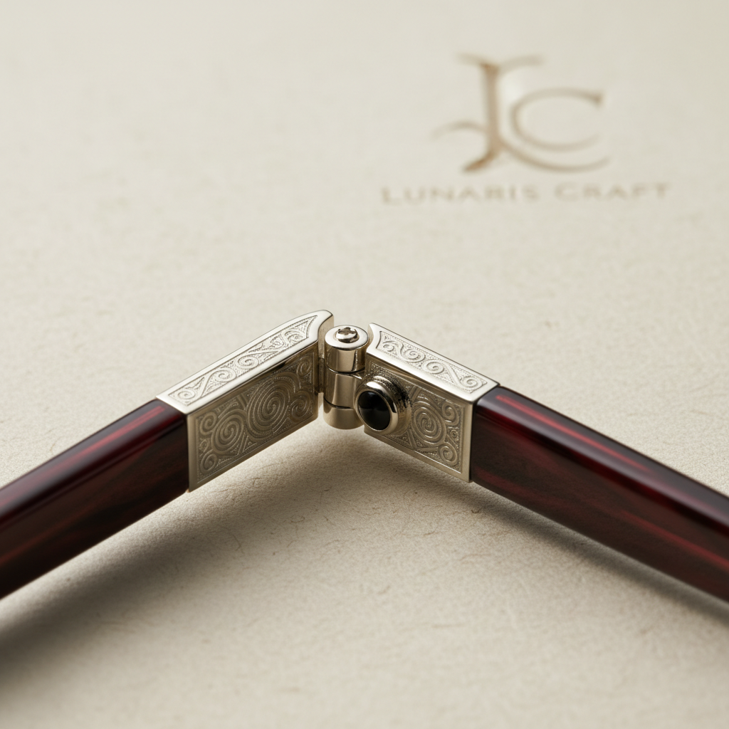 A close-up, macro-style image of an intricate eyewear hinge crafted from polished platinum, set against a background of matte ivory paper. The hinge features minuscule engraved patterns and a tiny inlaid onyx detail, connecting to a glossy deep-burgundy acetate temple with a subtle marbled effect. Soft, directional studio lighting from the left accentuates every contour and engraving, producing delicate, razor-sharp shadows that emphasize craftsmanship. The background fades into a smooth blur, with only a faint embossed logo of an imaginary luxury brand visible out of focus. Captured in extreme photographic realism with a shallow depth of field and a rule-of-thirds composition, the mood is reverent and technical, celebrating microscopic luxury and obsessive attention to detail.