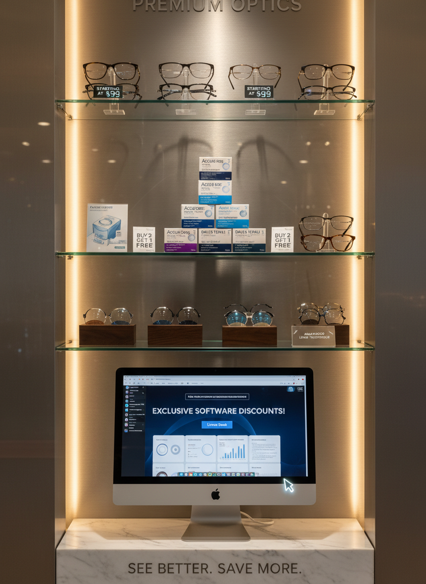 Portrait hero image showing a premium optical store display with a mix of eyeglass frames, loose lenses, contact lens boxes, and a sleek computer screen with optical software open, all styled in a modern, high-end way to suggest great offers on optical products and software.