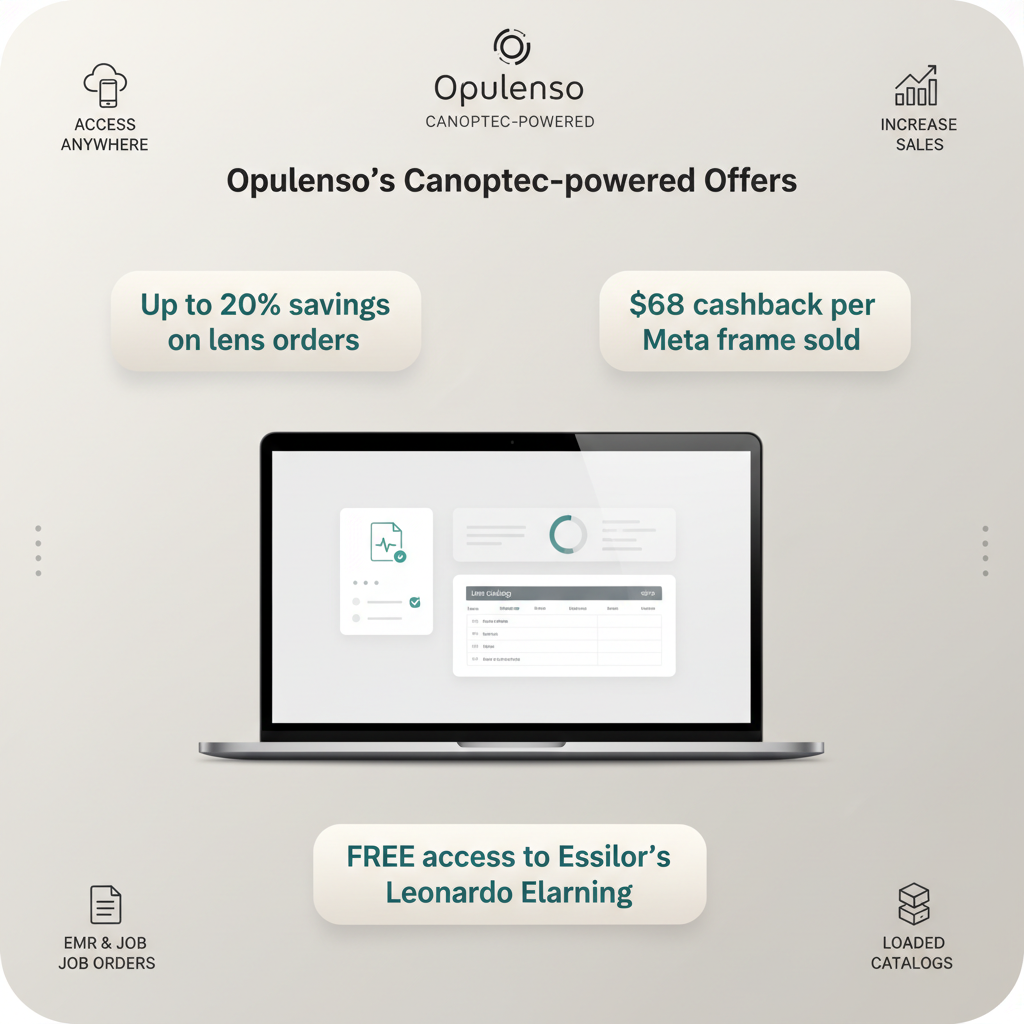 canoptec-offers-sneak-peek Square promotional image for OnniX’s Canoptec-powered offers. Clean, high-end layout in soft neutral tones with a subtle brand accent color. In the center, a sleek laptop dashboard suggesting EMR, job orders, and loaded lens catalogs (simple charts and tables, not detailed UI). Around it, 3–4 bold, legible offer badges with short text: “Up to 20% savings on lens orders”, “$68 cashback per Meta frame sold”, and “FREE access to Essilor’s Leonardo eLearning”. Along the edges, small icon-and-label pairs: “ACCESS ANYWHERE” (cloud/mobile icon), “INCREASE SALES” (upward graph), “EMR & JOB ORDERS” (document icon), “LOADED CATALOGS” (stacked boxes or list icon). Overall style: minimalist, tech-forward, sophisticated, giving a sneak peek of savings, learning, and integrated tools without too much tiny text.